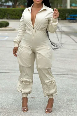 Solid Color Sporty Multi Pocket Drawstring Jumpsuit -Prettytina C23021528 WH 4