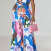 Flower Print Smart Belted Wide Leg Jumpsuit