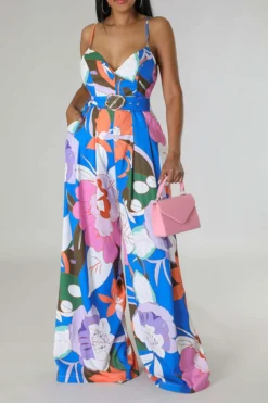 Flower Print Smart Belted Wide Leg Jumpsuit