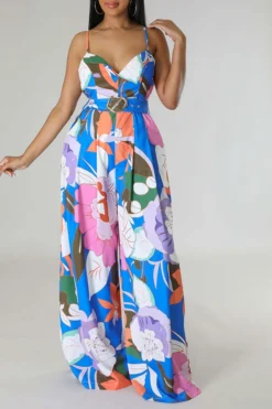 Flower Print Smart Belted Wide Leg Jumpsuit -Prettytina C23021560 RT 3