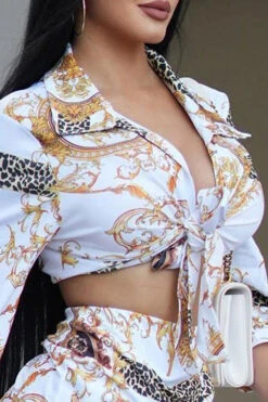 Gold Retro Floral Print Classic Lace-Up Ruffle Dress Suit -Prettytina C23022008 WH 3