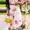 3D Flower Decor Elegant Pleated Dress Suit