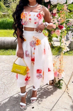 3D Flower Decor Elegant Pleated Dress Suit