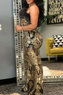 Tribal Pattern Sequined Luxe Feather Trim Jumpsuit -Prettytina C23022021 GO 3