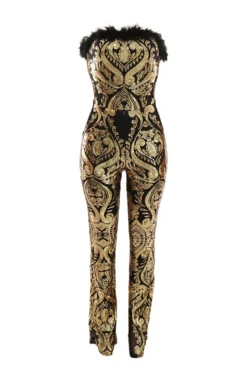 Tribal Pattern Sequined Luxe Feather Trim Jumpsuit -Prettytina C23022021 GO 5