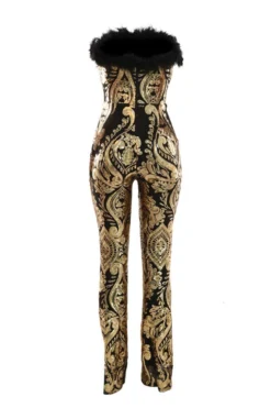 Tribal Pattern Sequined Luxe Feather Trim Jumpsuit -Prettytina C23022021 GO 6