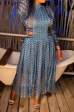 Geometric Print Unusual Cutout Waist Midi Dress -Prettytina C23022024 BL 3