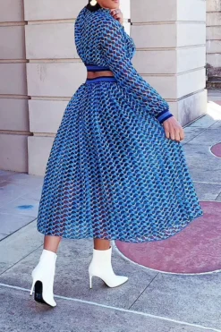 Geometric Print Unusual Cutout Waist Midi Dress -Prettytina C23022024 BL 5