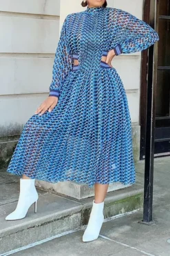 Geometric Print Unusual Cutout Waist Midi Dress -Prettytina C23022024 BL 6