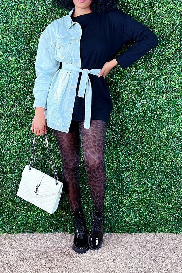 Denim Patchwork Unusual Belted Mini Dress 1 Denim Patchwork Unusual Belted Mini Dress