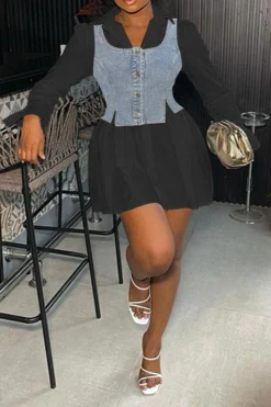 Solid Color Preppy Denim Dress Suit -Prettytina C23022409 BK 1