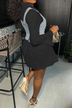 Solid Color Preppy Denim Dress Suit -Prettytina C23022409 BK 2