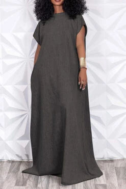 Solid Color Simple Open Back Denim Maxi Dress -Prettytina C23022411 BK 1