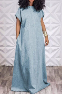 Solid Color Simple Open Back Denim Maxi Dress