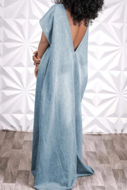 Solid Color Simple Open Back Denim Maxi Dress -Prettytina C23022411 LB 3
