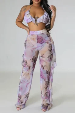 Rose Print Beachy Ruffle Three Pieces