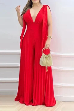 Solid Color Stylish Wide Leg Pleated Jumpsuit -Prettytina C23030120 RE 1