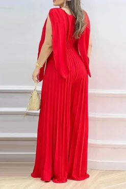 Solid Color Stylish Wide Leg Pleated Jumpsuit -Prettytina C23030120 RE 3