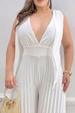 Solid Color Stylish Wide Leg Pleated Jumpsuit -Prettytina C23030120 WH 2