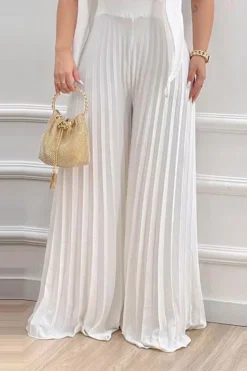 Solid Color Stylish Wide Leg Pleated Jumpsuit -Prettytina C23030120 WH 3