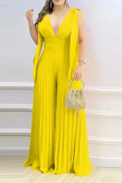 Solid Color Stylish Wide Leg Pleated Jumpsuit