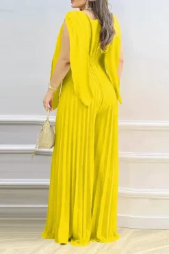 Solid Color Stylish Wide Leg Pleated Jumpsuit -Prettytina C23030120 YE 3