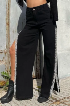 Solid Color Urban High Split Tassel Trim Jeans -Prettytina C23030133 BK 2