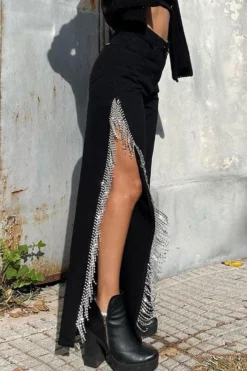 Solid Color Urban High Split Tassel Trim Jeans -Prettytina C23030133 BK 3