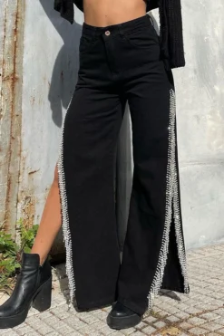 Solid Color Urban High Split Tassel Trim Jeans -Prettytina C23030133 BK 4