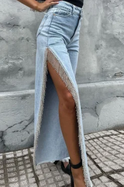 Solid Color Urban High Split Tassel Trim Jeans -Prettytina C23030133 BL 1 14799dfc 79eb 41bd b880 56e0842356b1