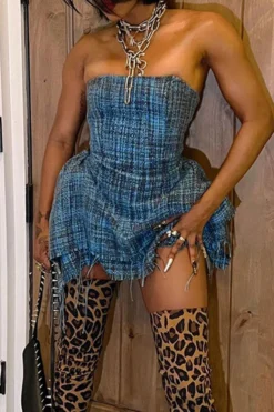 Plaid Girly Layered Irregular Mini Dress -Prettytina C23030163 BL 3