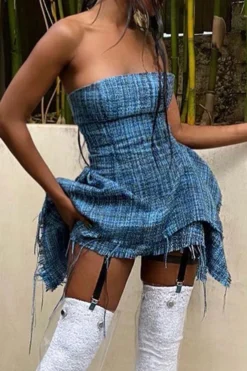 Plaid Girly Layered Irregular Mini Dress -Prettytina C23030163 BL 4