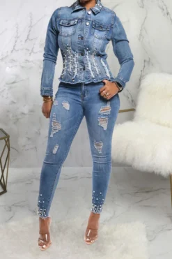 Beaded Decor Girly Burrs Denim Coat -Prettytina C23030168 BL 3