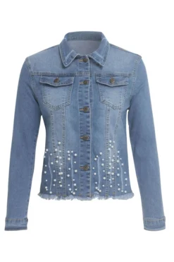 Beaded Decor Girly Burrs Denim Coat -Prettytina C23030168 BL 4