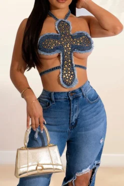 Rivet Design Unique Irregular Denim Camisole
