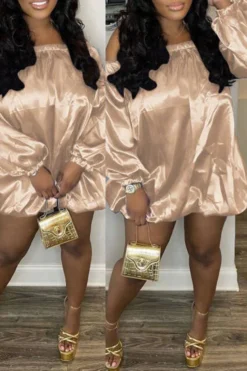 Solid Color Off Shoulder Cute Bubble Mini Dress -Prettytina C23030174 KH 1