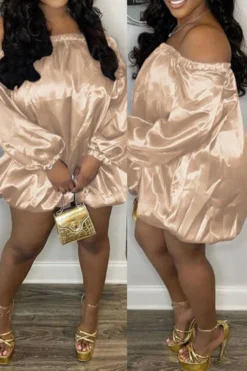 Solid Color Off Shoulder Cute Bubble Mini Dress -Prettytina C23030174 KH 2