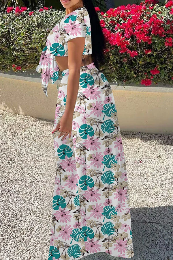 Leaf Print Tropical Tie Front High Split Three Pieces 5 Leaf Print Tropical Tie Front High Split Three Pieces - Image 5