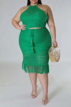 Solid Color Feminine Tassel Hem Knitted Dress Suit