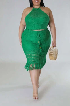 Solid Color Feminine Tassel Hem Knitted Dress Suit -Prettytina C23030183 GR 3