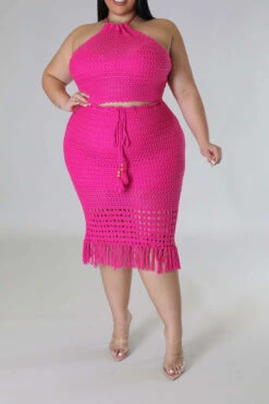 Solid Color Feminine Tassel Hem Knitted Dress Suit -Prettytina C23030183 RR 1