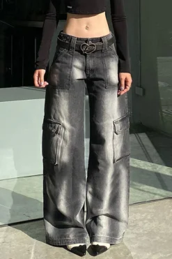 Gradient Hippy Multi Pocket Wide Leg Jeans -Prettytina C23030186 AS 3