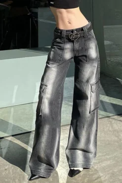 Gradient Hippy Multi Pocket Wide Leg Jeans -Prettytina C23030186 AS 5