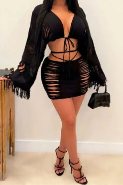 Ripped Tassel Flirty Lace-Up Dress Suit -Prettytina C23030729 BK 1