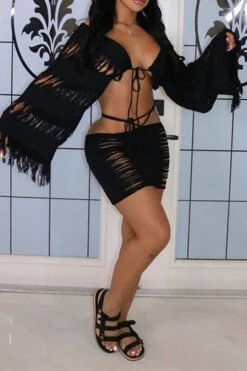 Ripped Tassel Flirty Lace-Up Dress Suit -Prettytina C23030729 BK 2