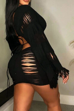 Ripped Tassel Flirty Lace-Up Dress Suit -Prettytina C23030729 BK 3