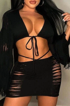 Ripped Tassel Flirty Lace-Up Dress Suit -Prettytina C23030729 BK 4