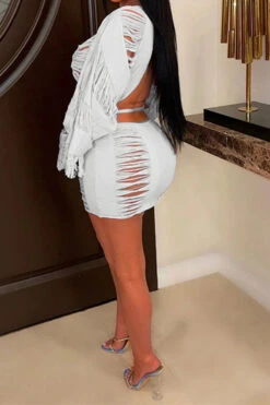 Ripped Tassel Flirty Lace-Up Dress Suit -Prettytina C23030729 WH 2