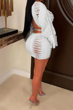 Ripped Tassel Flirty Lace-Up Dress Suit -Prettytina C23030729 WH 3