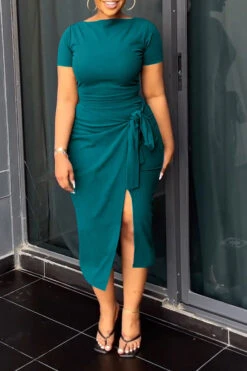 Solid Color Commuting Lace-Up High Split Dress Suit -Prettytina C23030730 AG 1